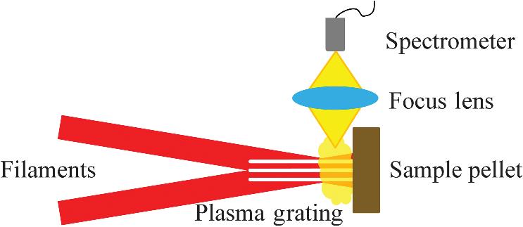 Experimental schematic. Top view of the noncollinear interaction area where two filaments interfere and create a plasma grating, with a focus lens collecting the plasma emission into the spectrometer from the side direction after plasma grating ablating the sample pellet.