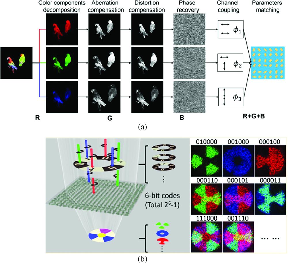 Multicolor holograms by the polarization multiplexing method. (a) Design process for the vectorial color holographic metasurface. (b) Schematic of 6-bit metasurface. Holographic images that result from the state (color and polarization) of the incident light as denoted by codes 010000, 001000, 000100, 000110, 000101, 000011, 111000, and 001110 are shown in the right panel of the image. Figures reproduced with permission from (a) Ref. 64 and (b) Ref. 75.
