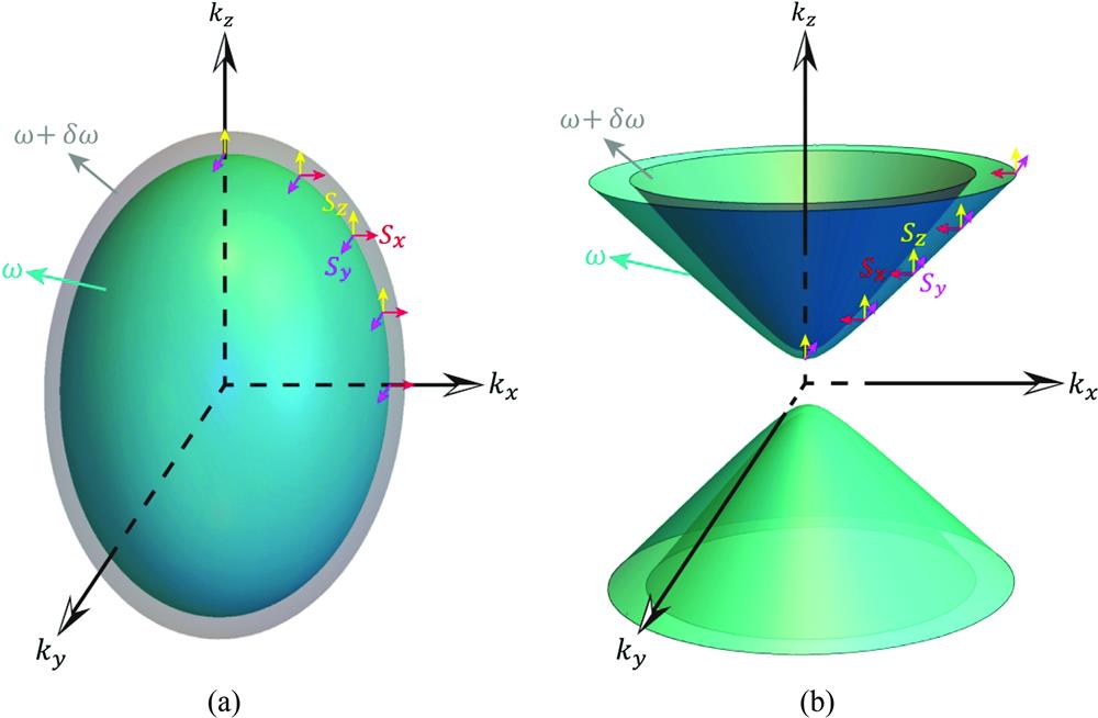Various 3D IFCs for (a) a closed ellipsoid and (b) an open hyperboloid when the frequency increases from ω to ω+δω. The energy flows in the x, y, and z directions are marked using red, pink, and yellow arrows, respectively.