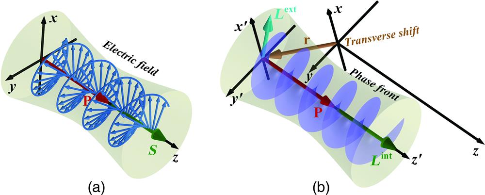 Angular momentum in paraxial optical fields: (a) longitudinal SAM of the right-handed circularly polarized field and (b) intrinsic longitudinal OAM with the helical wavefront illustrated with the purple surface. An extrinsic OAM arises from a shift with respect to the coordinate systems.