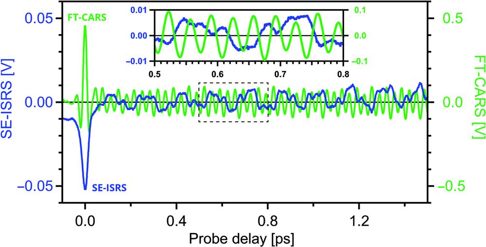 Time-domain DIVS signals. SE-ISRS (blue, left axis) and FT-CARS (green, right axis) time-domain signals were simultaneously acquired in less than 42 μs. The zoomed-in inset corresponds temporally to the region outlined in the dashed rectangle. In the SE-ISRS signal, lower-frequency Raman modes are dominant, while higher-frequency modes are comparatively stronger in the FT-CARS signal.