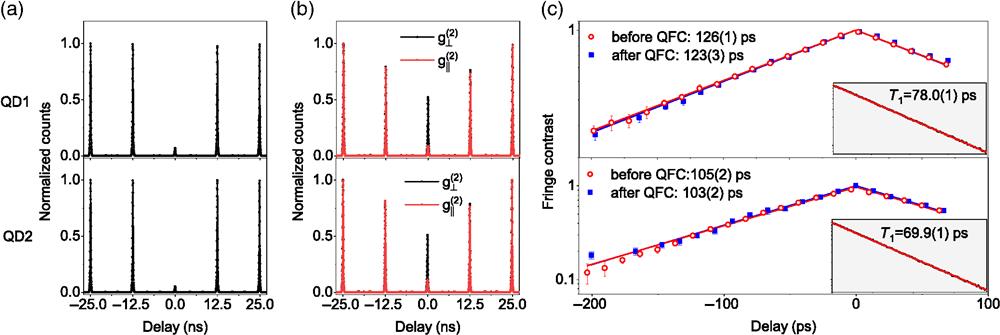 Characterization of single photons emitted from QD1 and QD2, respectively. (a) Single photon purity, HBT measurements give gQD1(2)(0)=0.072(1) and gQD2(2)(0)=0.051(1). (b) Indistinguishability, HOM measurements give calculated indistinguishability of 91.9(1)% for QD1 and 83.9(3)% for QD2 after correction. The red (black) data are normalized coincidence counts for two polarizing parallel (orthogonal) photons. (c) Coherence time, measurements are carried out using a Mach–Zehnder interferometer both before QFC1 (QFC2) and after QFC1 (QFC2). By fitting the fringe contrast as temporal delay, we get extracted coherence time of 126(1) [105(2)] ps and 123(3) [103(2)] ps at different positions for QD1 (QD2). The insets show the corresponding single-photon radiative lifetimes for QD1 and QD2, which are calculated by fitting the one-sided exponential decay.