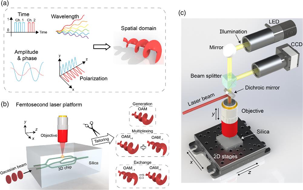 (a) Multiple physical dimensions of light waves: from traditional ones to the spatial domain (e.g., OAM modes). (b) Concept of 3D photonic chips fabricated by FSLW for tailoring spatial modes (OAM generation/multiplexing/exchange). (c) Fabrication setup for FSLW.