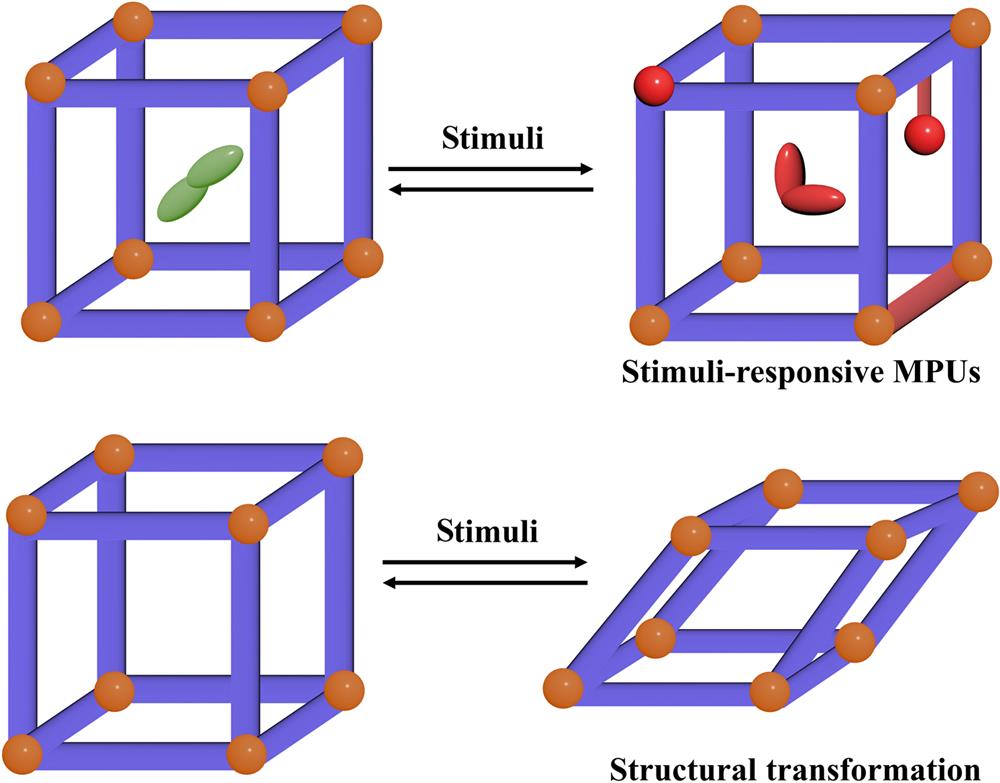 Schematic representation and strategies for functionalization of stimuli-responsive photonic MOFs. Stimuli-responsive MPUs (e.g., photochromic molecules and dyes) as a guest, as a ligands backbone, or as a ligands side group. Structural transformation process of flexible MOFs under external stimuli.