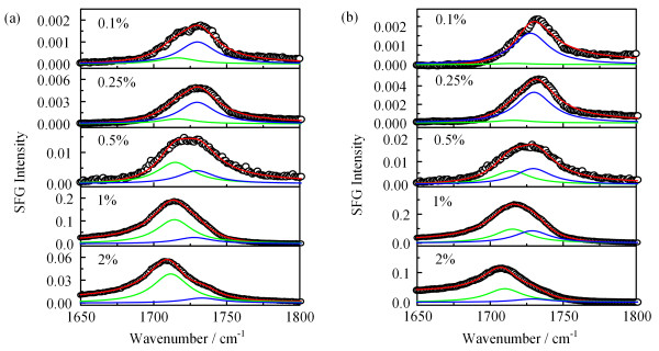 The SFG spectra of the carbonyl groups of CaF2 substrate-supported PMMA films prepared with different concentration (0.1 wt%, 0.25 wt%, 0.5 wt%, 1.0 wt%, and 2.0 wt%). (a) ssp and (b) ppp.