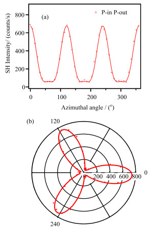 (a) SHG response curve of air/Si(111) interface with the pp polarization combination. The circles in the figure represent experimental data points and the solid line represents the fitted curves. (b) Polar map of the air/Si(111) interface. The red circle represents the intensity of the SHG signal and the polar axis represents the angle
