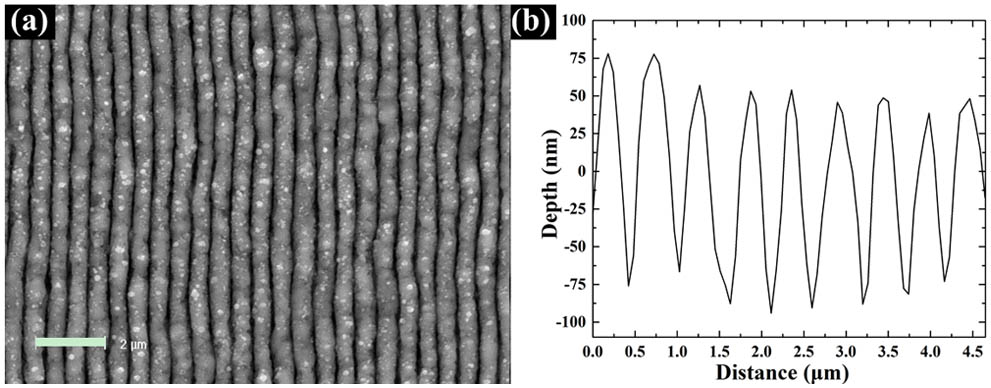 (a) SEM image and (b) AFM profile of the surface morphology written on silicon samples. The scale bar represents 2 μm.