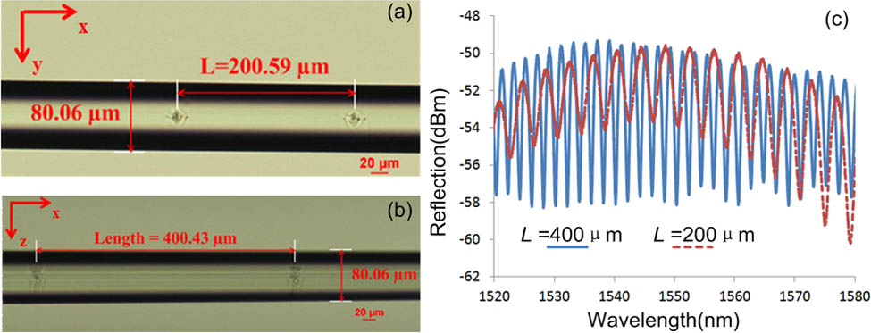 Fabricated IFPIs in the fiber tapers where L = (a) 200 and (b) 400 μm. (c) Measured reflection spectra.