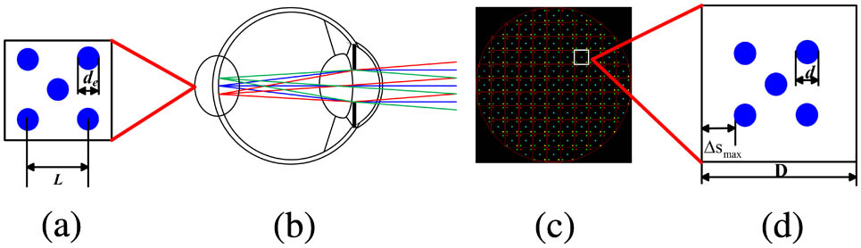 (a) Multiple object arrangement pattern on the retina, L: the distance between two neighbor objects, de: the diameter of the object on the retina; (b) model of the human eye; (c) image spots on the CCD of the MOSHWFS; (d) the detail in one subaperture, d: the diameter of one image spot on the CCD, D: the diameter of one microlens, ΔSmax: the maximum distance when the Shack–Hartmann image spot is displaced on the CCD within one microlens region.
