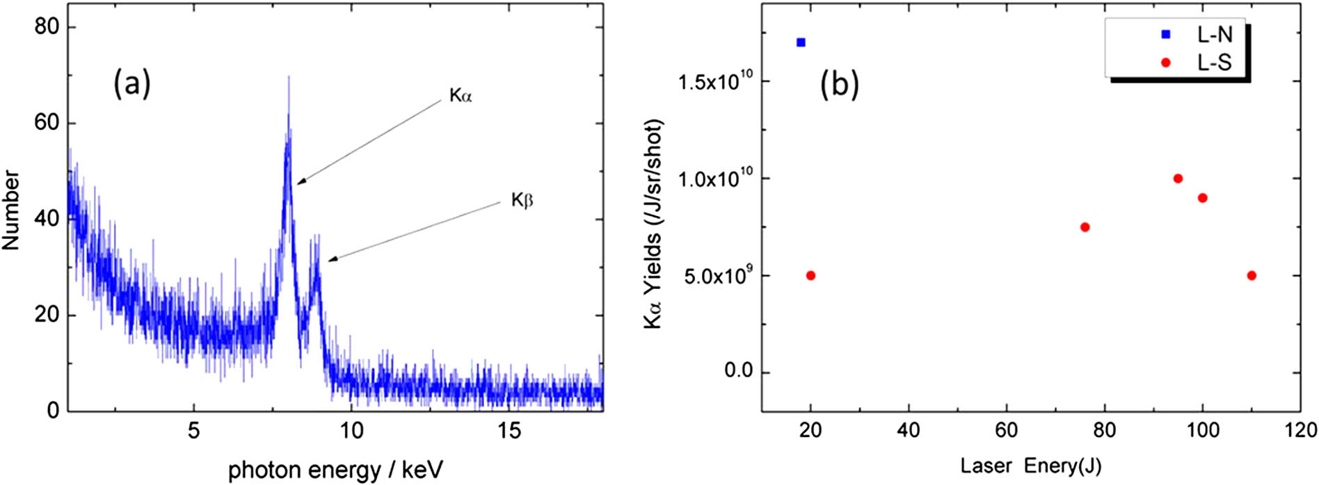 (a) Spectrum of K-shell lines obtained for 94.8 J laser incidence on the target with 20 μm nanowires; (b) dependence of the total count of Kα on the laser energy for the target with 20 μm nanowires.