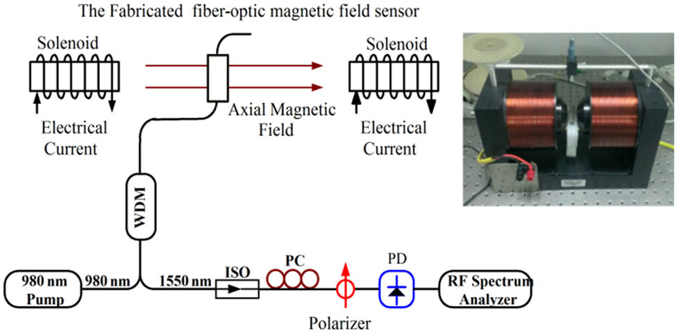 The experimental setup for the magnetic field measurement. ISO: isolator; WDM: wavelength division multiplexer; PC: polarization controller; PD: photo detector.