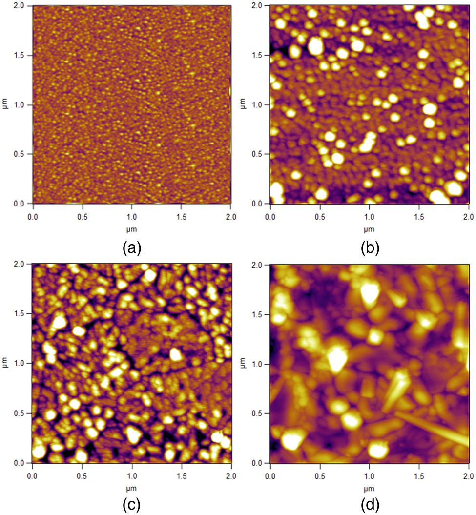 AFM image of as-deposited and annealed CaNb2O6:Pr3+/Yb3+ thin films; (a) as-deposited; (b) 700 °C; (c) 800 °C; (d) 900 °C.