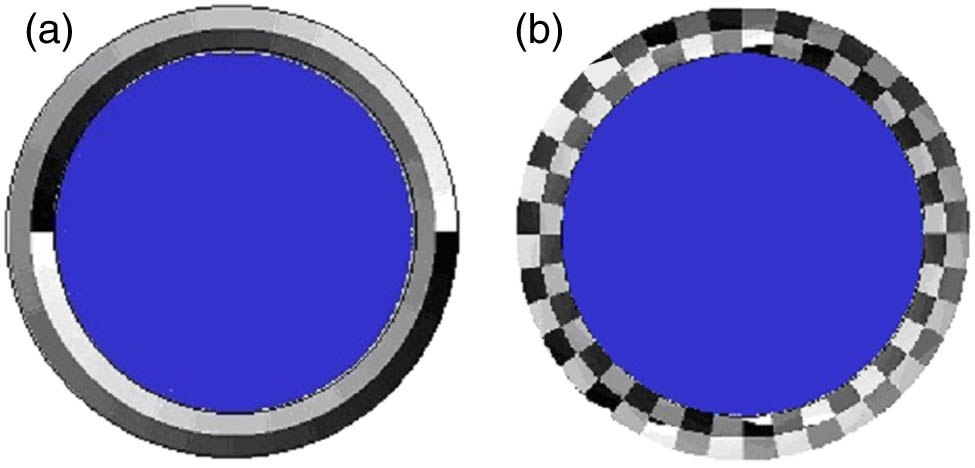 (a) Annular vortex filter composed of two annular belts with π shift radially between adjacent belts; (b) an azimuthally divided annular vortex filter with additional phase for moving the magnetization needle along the positive and negative direction of the z axis.