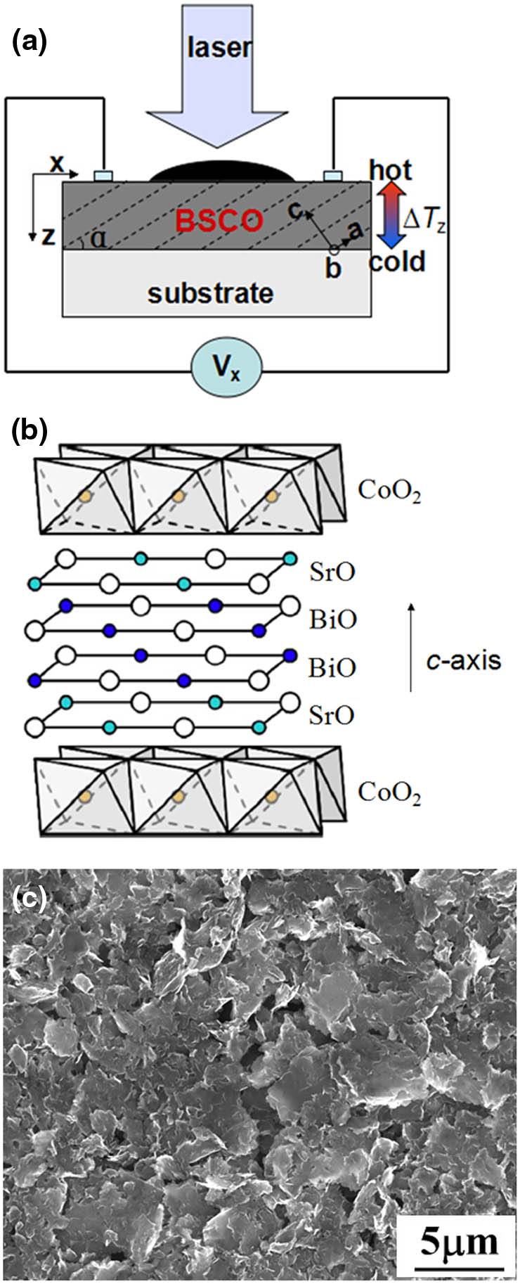 (a) Schematic illustration of the LITT measurements on the graphite/BSCO/LAO multilayer structure; (b) schematic crystal structure of BSCO; (c) SEM surface image of the graphite layer coated on the c-axis-tilted BSCO thin film.