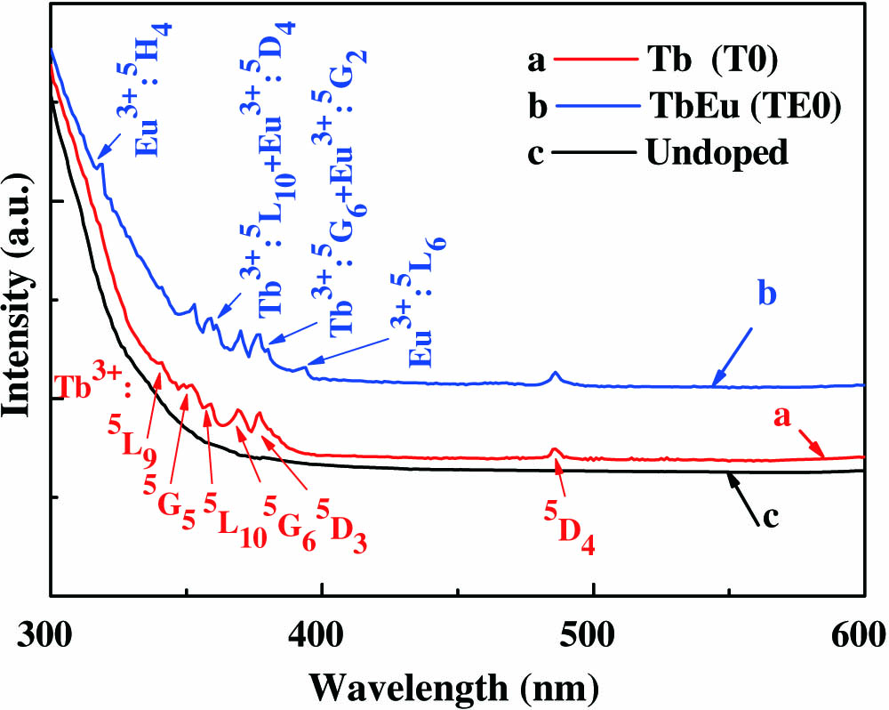 Absorption spectra of Samples T0 and TE0, and the un-doped crystals (marked a, b, and c, respectively).
