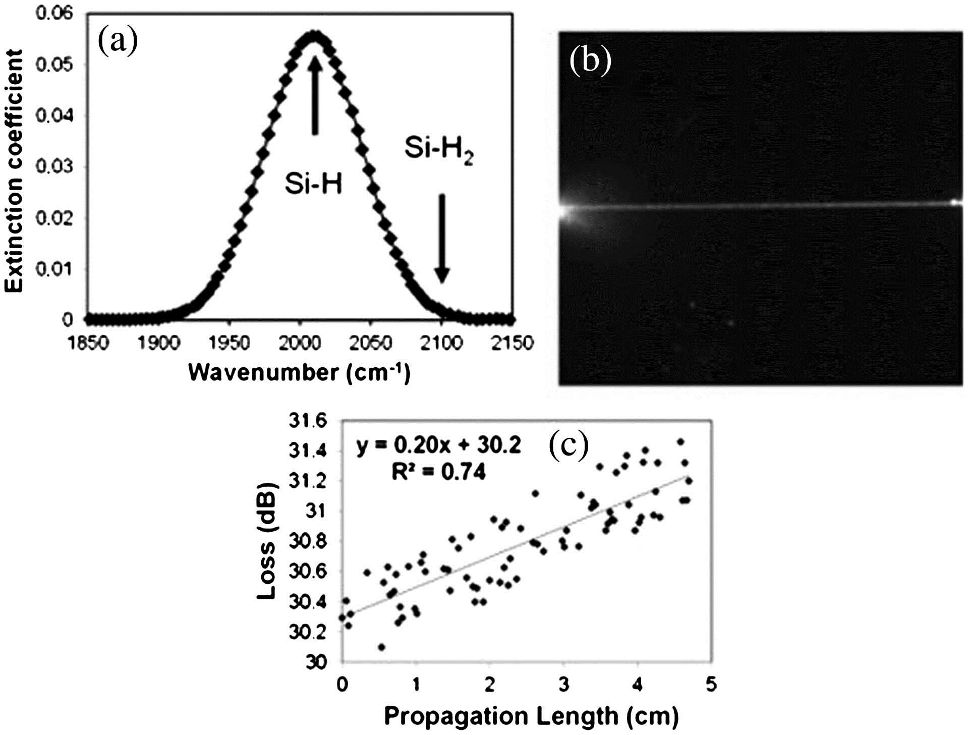 Characterization of the material properties. (a) The FTIR spectrum. (b) The IR camera image of loss streak from a 200 nm a-Si:H wafer. (c) The data extracted from this image fitted with a linear decay.