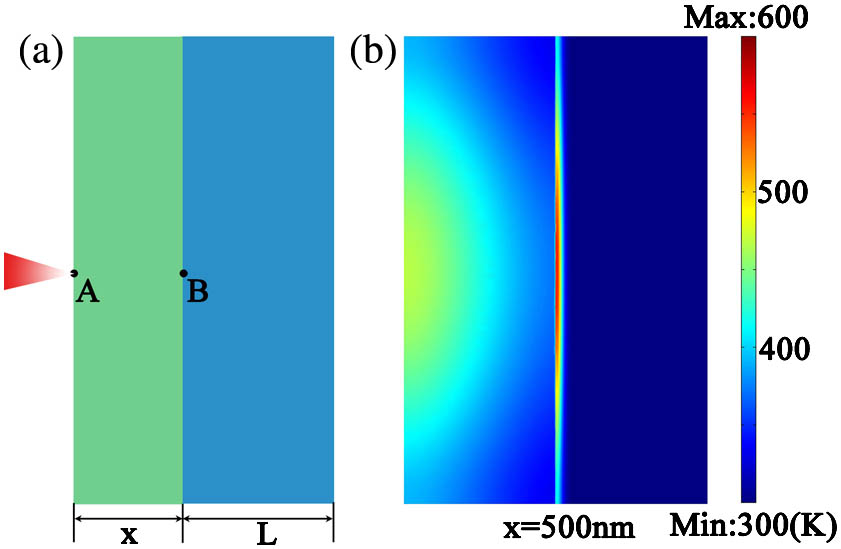 (a) Schematic of the Au-Ti double-layered film. The thickness of the Au layer is x. The thickness of the Ti layer is l=500 nm. (b) The phonon temperature field on an Au film surface irradiated by a femtosecond laser pulse at 15 ps with a gold thickness of 500 nm. The laser fluence F=0.2 J/cm2, pulse duration tp=100 fs, and the laser wavelength λ=800 nm.