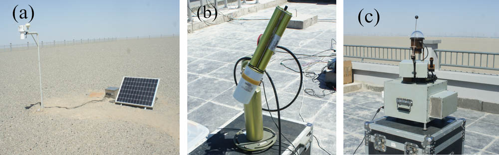 AVCS. (a) ATR, (b) Cimel sunphotometer, and (c) automated diffuser-to-globe irradiance meter.