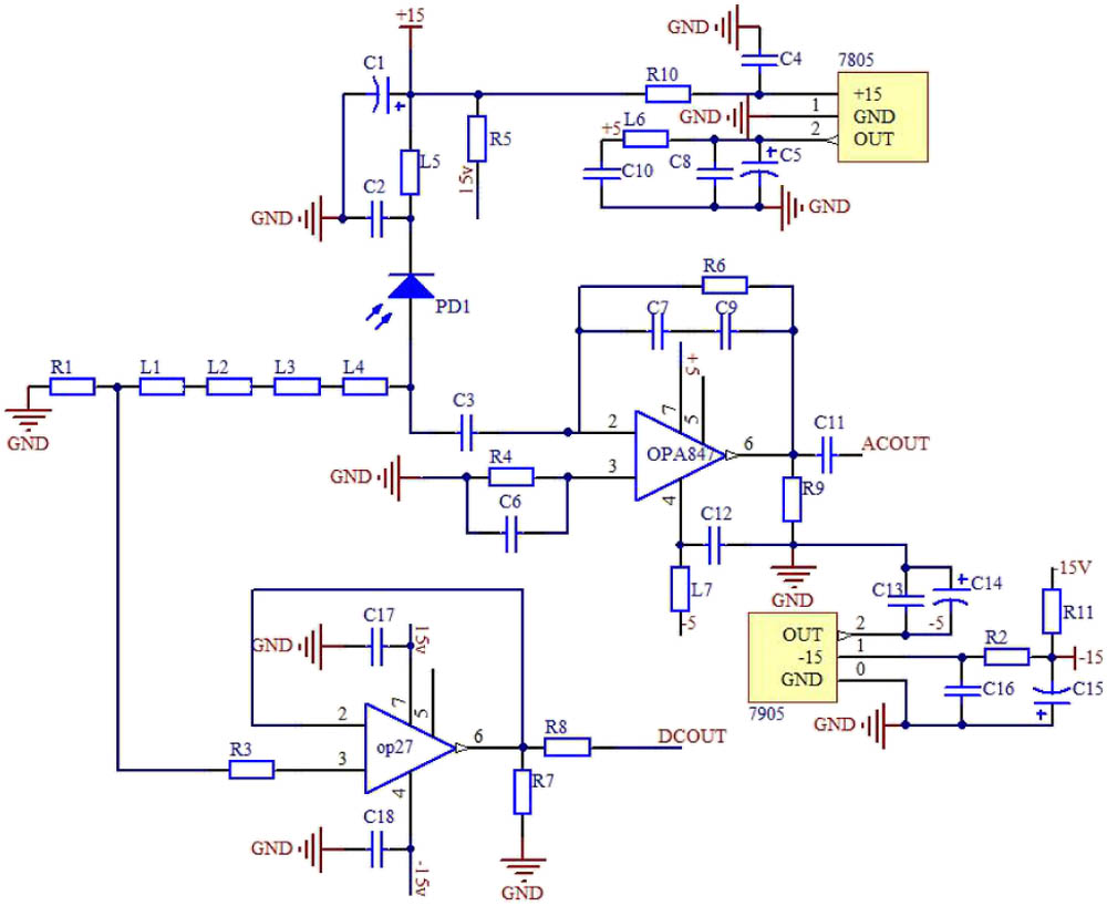 Circuit schematic. Where, GND is ground. Rf=R6=3 kΩ, R4=3 kΩ, R1=100 Ω, R9=50 Ω, R3=1 kΩ, C3=1 nF, C7=0.5 pF, C9=0.5 pF, C6=10 pF, L4=330 μH, L2=100 μH, L1, and L3 are chip beads. The 7805 and 7905 are power conversion modules, which can convert 15 and −15 V into 5 and −5 V.