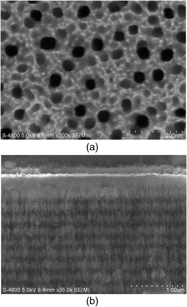 Top-view and cross-sectional view SEM images of PSi sample.