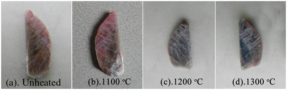 Sample and its postheating color changes. (a) Photo of the unheated sample, photos of the sample heated at (b) 1100°C, (c) 1200°C, and (d) 1300°C.