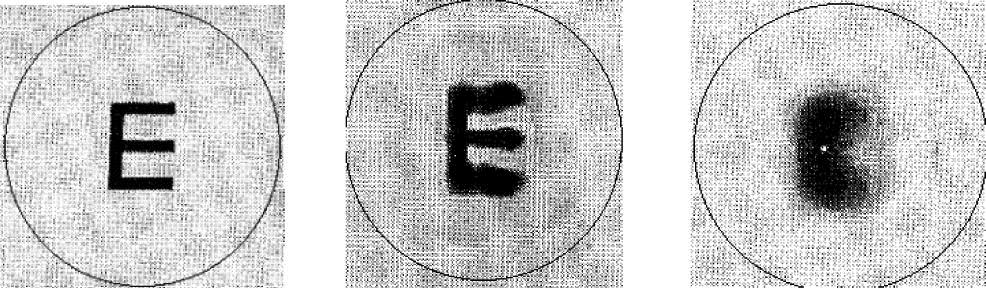 (a) Original image of a letter E in the unit disk; (b) reconstructed from first 64 orthogonal Fourier-Mellin moments Φn,m with n, m=0–7; (c) reconstructed from Zernike moments Rn,m with circular harmonic orders m=0–7 and for each m using the eight lowest degrees, satisfying n≥|m|+2.