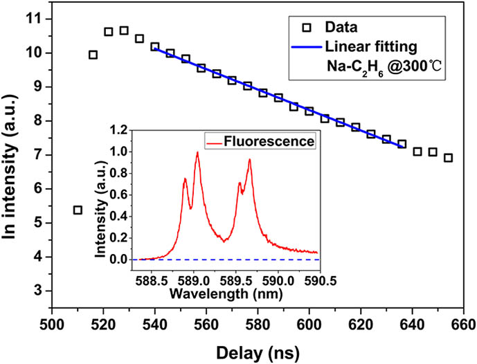 Fluorescence decaying of Na D2 line. Inset: a spectrum of sodium fluorescence.