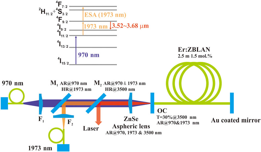 Experimental setup of the dual-wavelength pumped Er:ZBLAN fiber laser. F1, CaF2 lens with f=18 mm; F2, ZnSe aspheric lens with f=12.7 mm; ESA, excited state absorption. Inset: the energy level diagram of Er:ZBLAN.