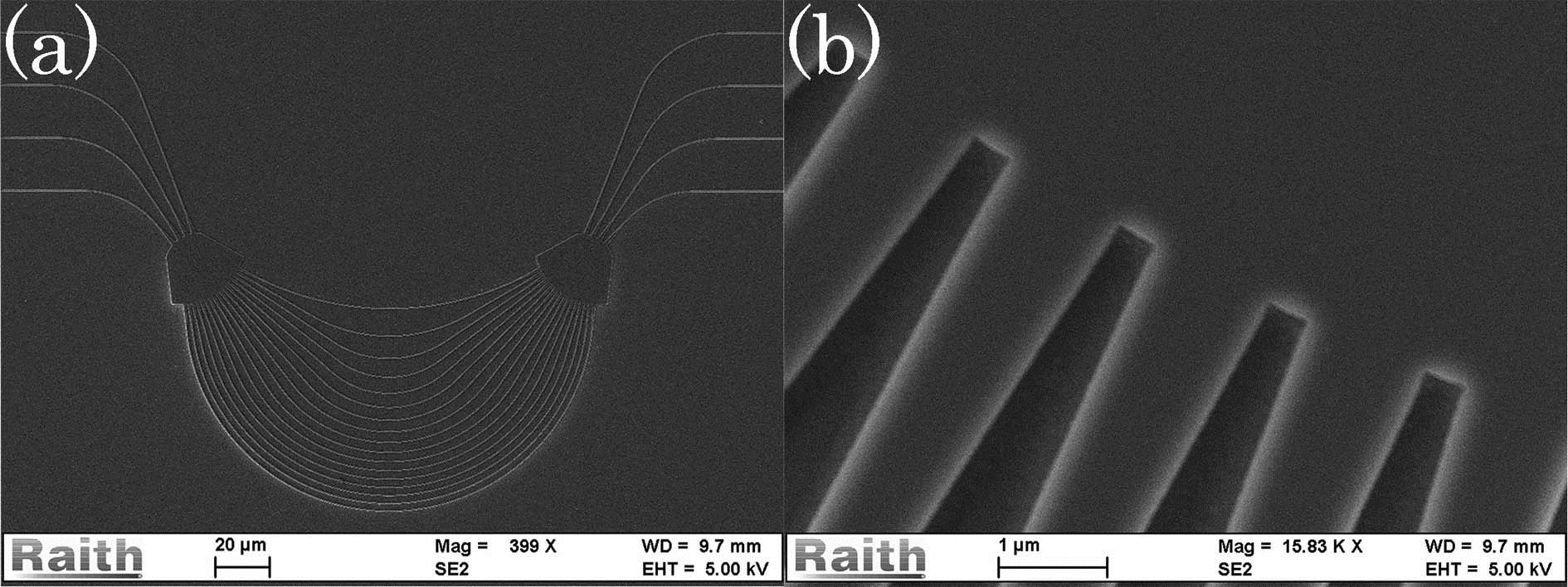 (a) Scanning electron microscope images of the fabricated AWGR and (b) tapers between the FPR and arrayed waveguides.