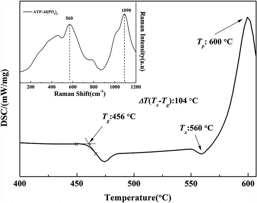 DSC curve of the AYF glass with 5 mol% Al(PO3)3 introduction. Raman spectrum in the 100–1200 cm−1 range of undoped RE ions AYF glass with Al(PO3)3 introduction.