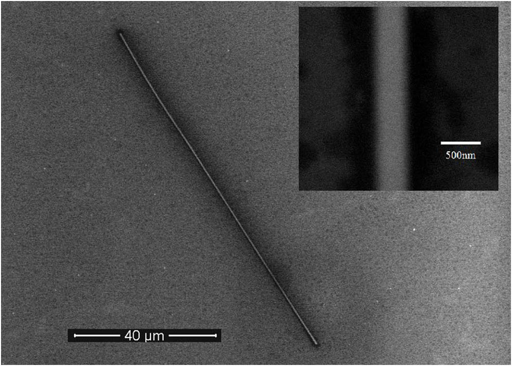 SEM image of the single CdS nanowire sample. As shown in the inset, the diameter of the nanowire is about 500 nm.