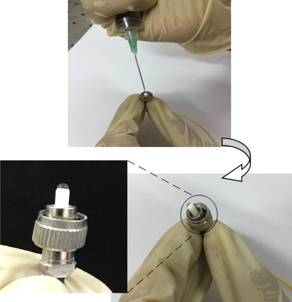 Preparation of an SA from an Mn-doped CdSe solution (top), dripping the solution onto the fiber ferrule, using a syringe cylinder (bottom) drying process at room temperature.