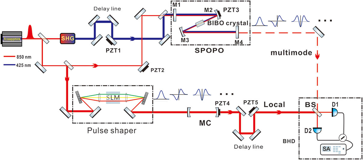 Experimental setup for the generation and measurement of multimode squeezed frequency comb states. SHG: second harmonic generator; Local: local oscillator.