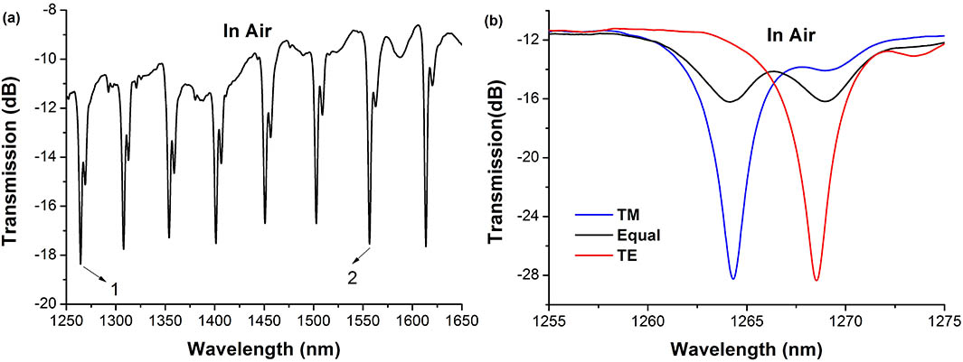 (a) Whole spectrum of the ExTFG with a certain polarized light in the wavelength range of 1250 nm to 1650 nm, and (b) polarization dependence spectra for the zoomed peak ‘1’ between 1255 nm and 1275 nm, blue: TM polarization, red: TE polarization, black: equal polarization.