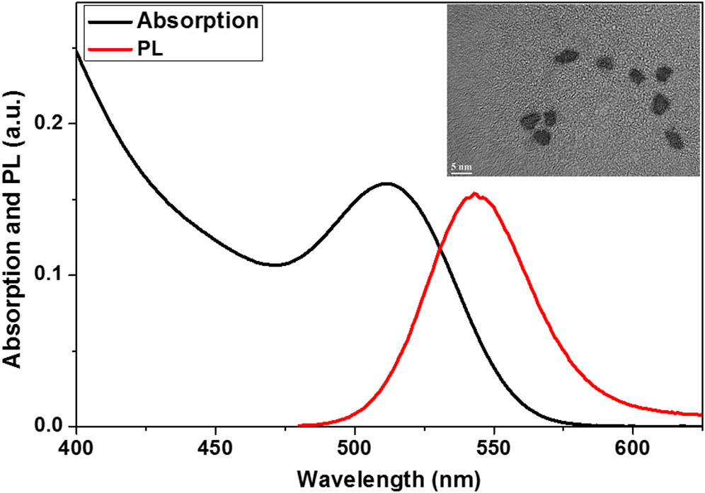 (Color online) Absorbance and PL curves of the green colloidal quantum dot (CQD) sample with an inset of the TEM image.
