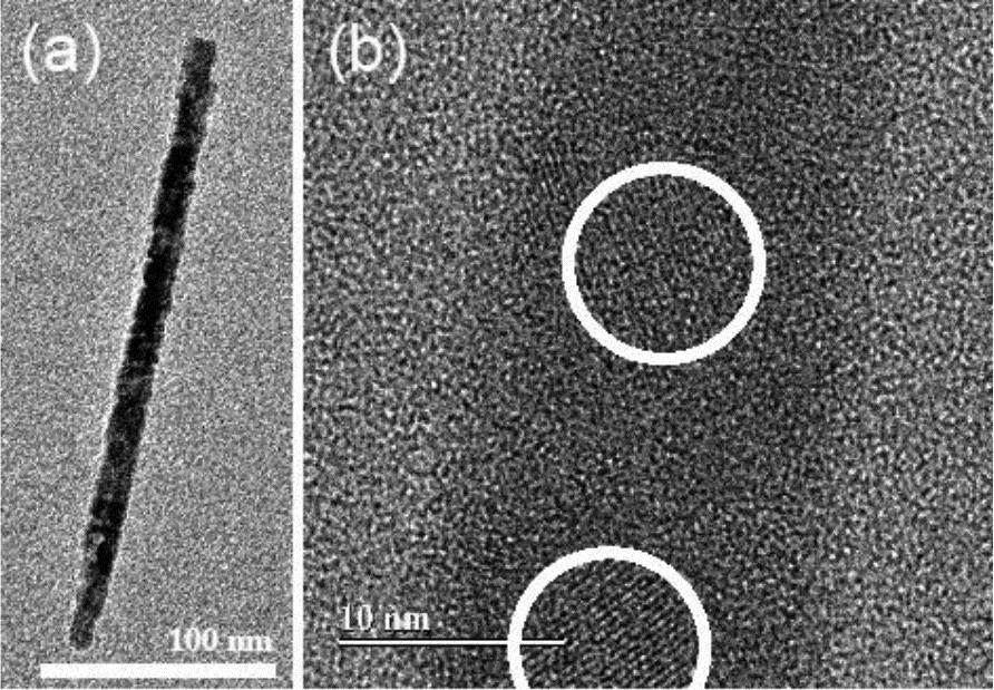 (a) TEM image of a typical needle-shaped β-BBO NC (scale bar = 100 nm). (b) HR-TEM image of an individual needle showing two nanocrystallites, marked by round curves (scale bar = 10 nm).