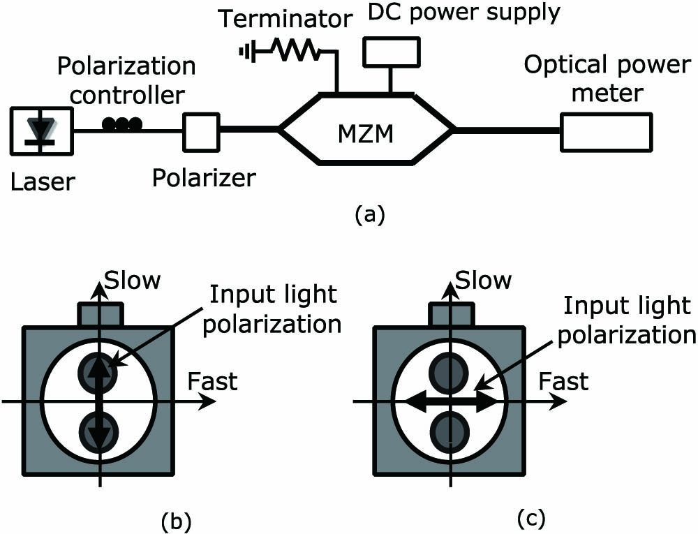 (a) Experimental setup for measuring MZM transfer characteristics with different input light polarization states. The bold lines represent polarization-maintaining components. (b) The polarization state of the light traveling on the slow axis of a PMF into the modulator. (c) The polarization state of the light traveling on the fast axis of a PMF into the modulator.