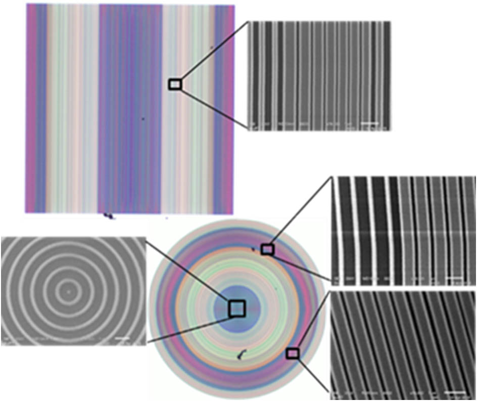 Optical microscope pictures of the fabricated nonperiodic S-SWGs and nonperiodic CC-SWGs. The groove width at various locations is shown in scanning electron microscope (SEM) images in the insets.