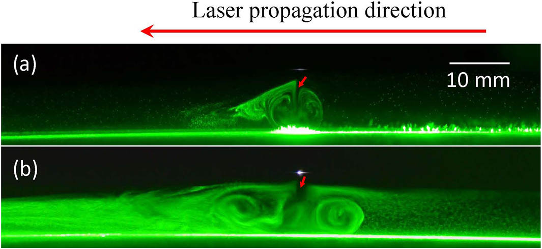 Airflow generated by (a) positively and (b) negatively chirped sub-picosecond laser pulses with a pulse duration of (a) ∼0.92 ps and (b) 0.97 ps at a laser power of 6.5 W, respectively. The images were captured by a Nikon D7000 camera (S=1/50 s, F=3.2, ISO=1600).