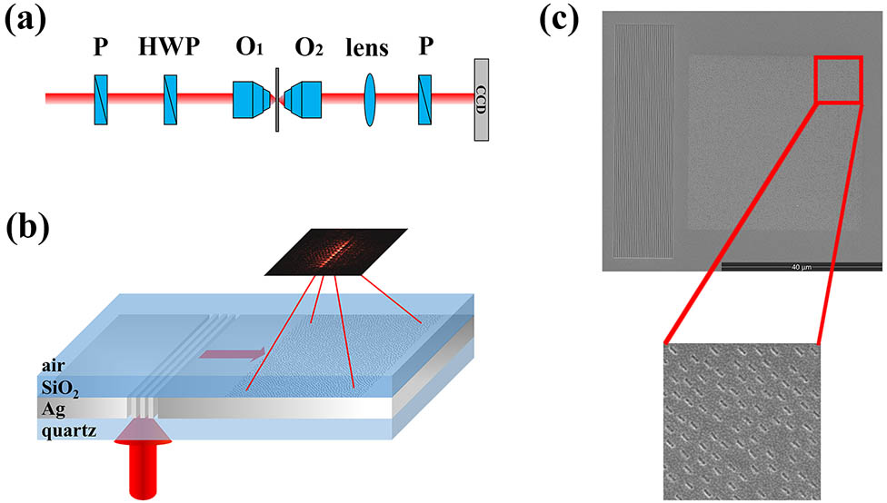 (a) Illustration of the experimental setup; (b) a schematic of the DLPW where multiple modes are launched by a grating in the silver film from an incident laser beam and image over our sample; (c) a top-view scanning electron microscope (SEM) image of the couple-in grating and nanoscatterers in which the inset figure is the zoom-in image showing the details of the hologram units.