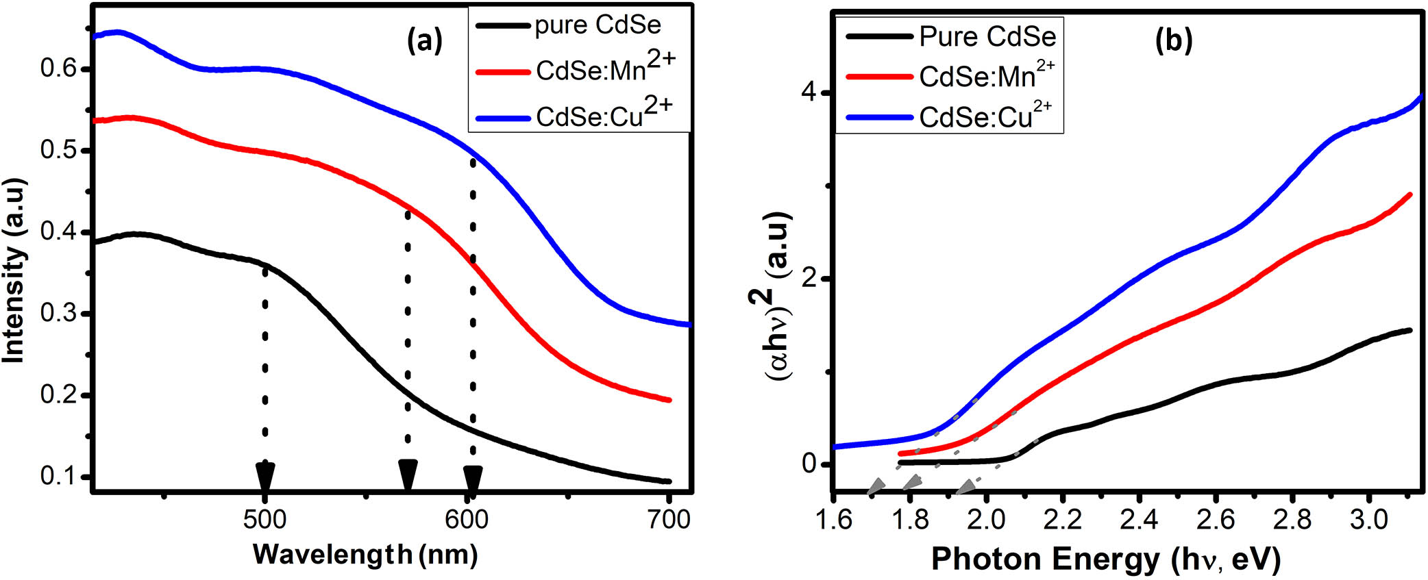 (a) UV-Vis spectra and (b) (αhν)2 vs (hν) curves of the pure CdS/CdSe and co-sensitized CdS/CdSe:Mn2+ (or Cu2+) QDSSCs.
