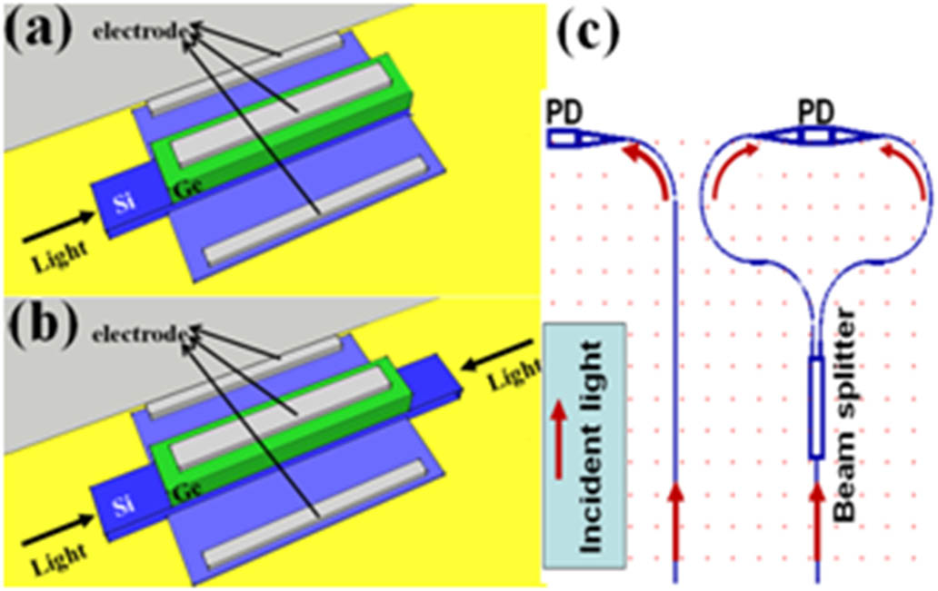 Three-dimensional schematic of the Ge-on-Si positive-intrinsic-negative (PIN) waveguide photodetectors with the (a) single-injection structure, (b) dual-injection structure, and (c) waveguide structure in the layout.