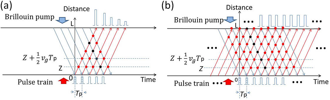 Schematic diagram of Brillouin pump depletion for coded DBA-BOTDA using (a) non-cyclic and (b) cyclic coding. Tp is the pulse interval. The dots denote the interaction positions. For example, the black dots are the positions where the Brillouin pump has undergone the depletion when the fourth pulse arrives at z.
