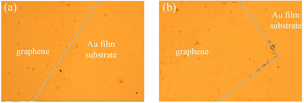 Experimental images of two different places on the graphene sample surface captured by a conventional light microscope.