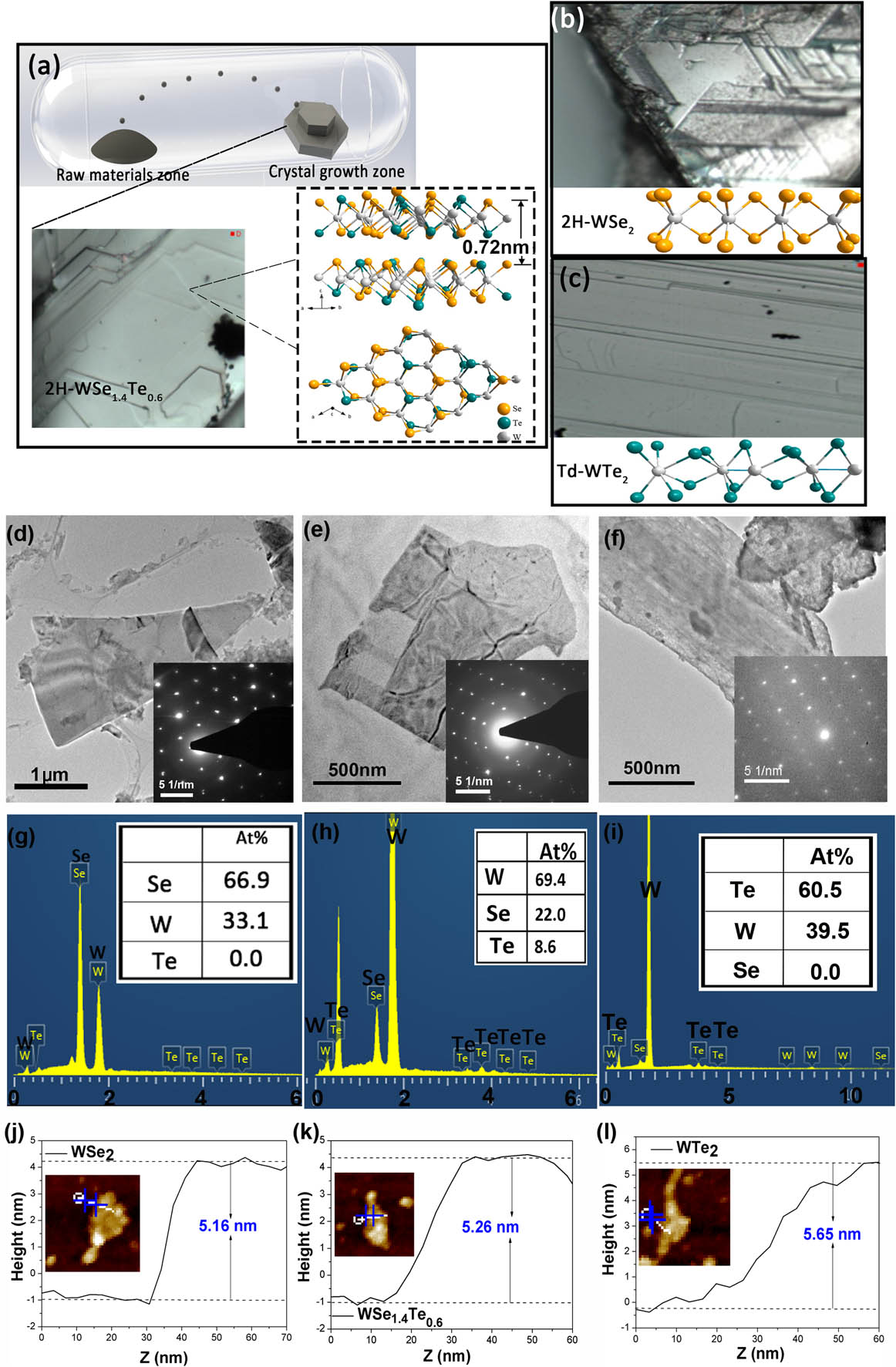 (a) Synthesis scheme of bulk crystals by CVT with dual-temperature zones. Photographs and atomic models of the formation of 2H WSe1.4Te0.6. Photographs and atomic models of layer-structure bulks of (b) 2H WSe2 and (c) Td WTe2. TEM and SEAD characterizations of few-layer nanosheets of (d) WSe2, (e) WSe1.4Te0.6, and (f) WTe2. Corresponding full EDS scanning of (g) WSe2, (h) WSe1.4Te0.6, and (i) WTe2. AFM images and thickness measurements of typical nanosheets of (j) WSe2, (k) WSe1.4Te0.6, and (l) WTe2.