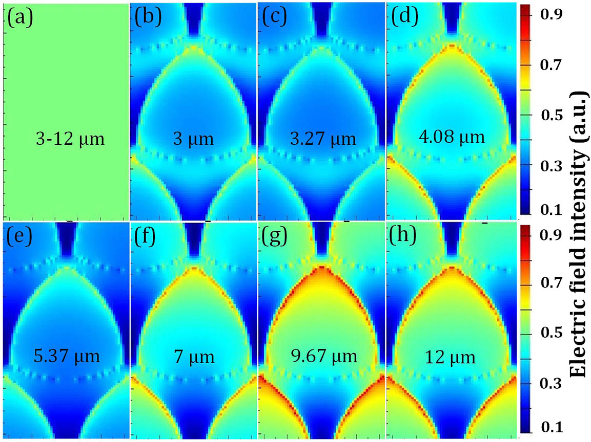 Electric field distributions for a single period of the Reuleaux-triangle-shaped hole array: (a) incident 3–12 μm electromagnetic wave with uniform distribution of field intensity, and (b)–(h) different mid-IR wavelengths passing through the Reuleaux-triangle-shaped holes. The incident light is TE polarized.