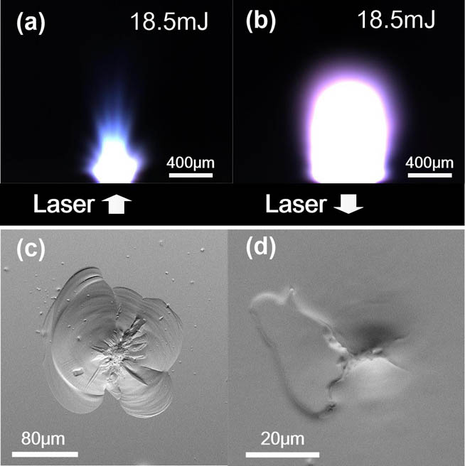 Typical images of LPP on (a) the exit surface and (b) the input surface. Scanning electron microscope (SEM) morphologies of damage sites on (c) the exit surface and (d) the input surface.