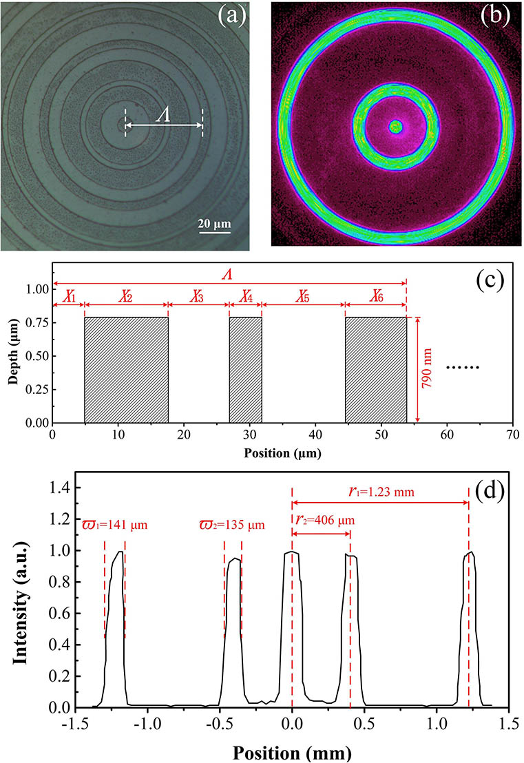 (a) Top view of second-order CDG taken by microscopy, where the bright rings indicate the ridges, and the dark ones represent the grooves, (b) transverse intensity distribution of diffracted pump light at the far field, (c) schematic cross section of the CDG along the radial direction, and (d) the line profile of pump light along the radial direction.