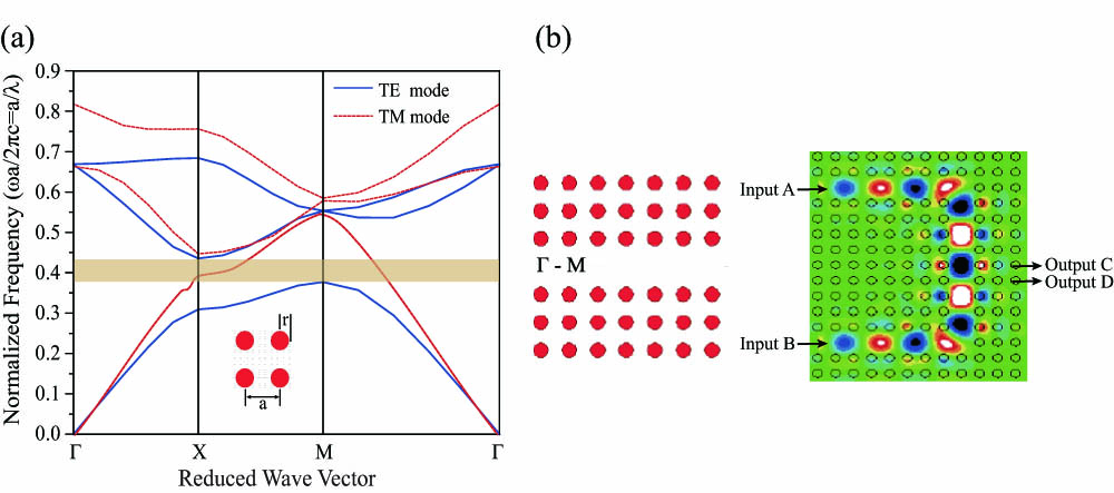 (a) Band diagrams in a square lattice PhC with LN (MgO-doped) rods for TE and TM modes. (b) The left is the schematic structure of the W1 waveguide in the Γ-M direction; the right is the FDTD simulation result of the W1 waveguide and the sketch of the light beam coherent interference.