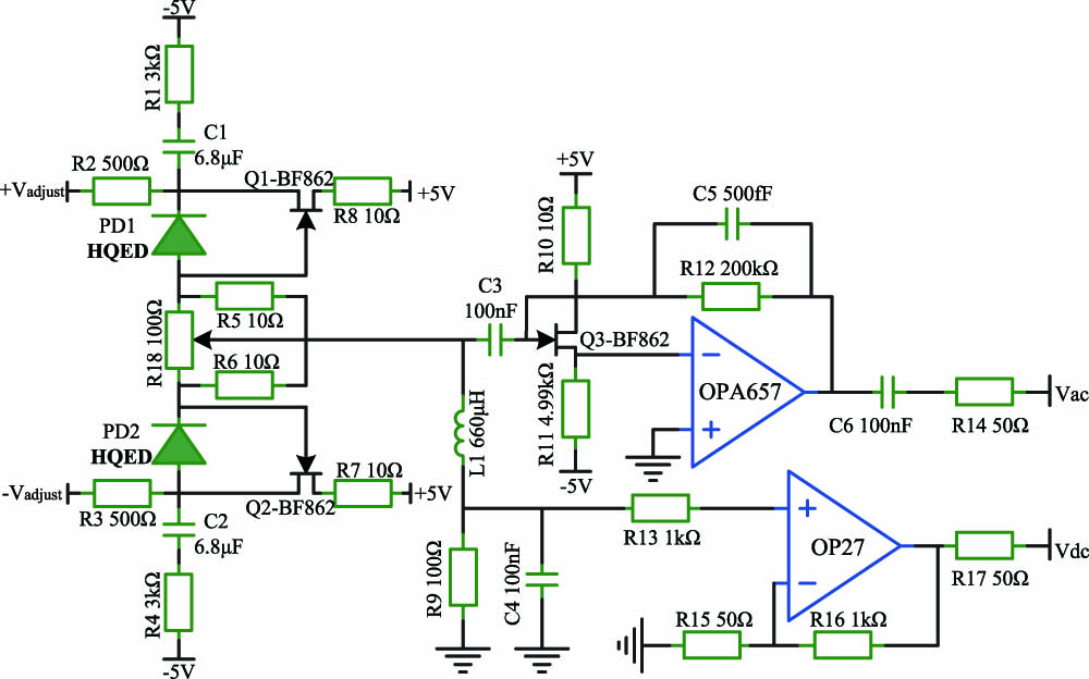 BHD scheme based on a JFET buffering input and another JFET bootstrap structure. HQED, high quantum efficiency photodiode from Laser Components.